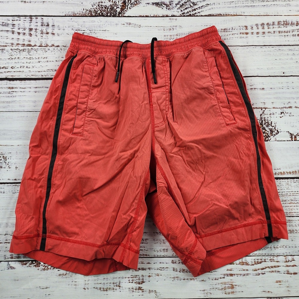 Lululemon Kahuna Shorts Mens Small Orange Red Striped Side Zip Pocket Running